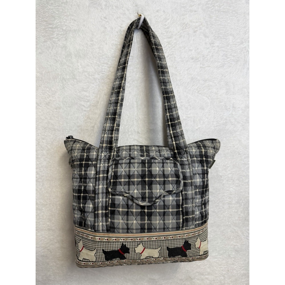 MaggiB Scottie Dog Quilted Cotton Tote Bag Gray Black Plaid Shoulder Purse